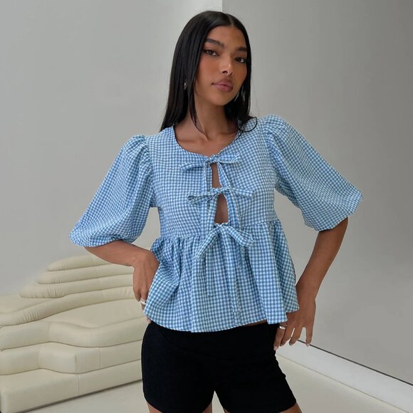 Princess Polly Full house tie up blouse top blue plaid - Picture 1 of 3